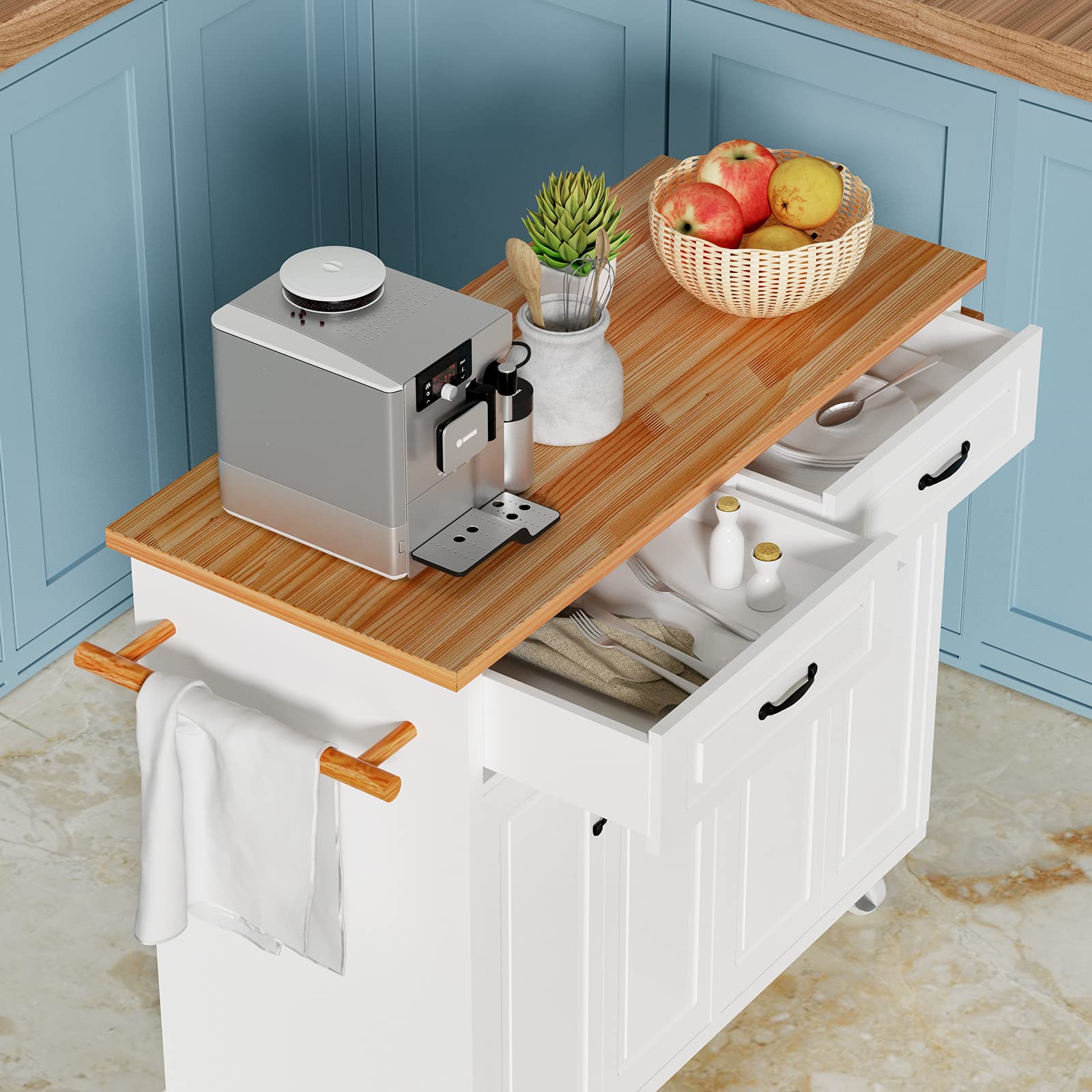 4 EVER WINNER White Kitchen Island Cart, Rolling with Storage, Drawers & Cabinets, Wood Countertop, Towel Racks, Adjustable Shelves