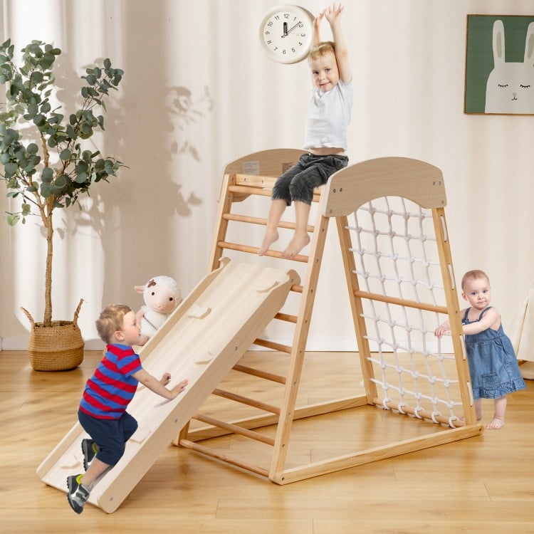 6-in-1 Jungle Gym Wooden Indoor Playground with Double-Sided Ramp and Monkey Bars