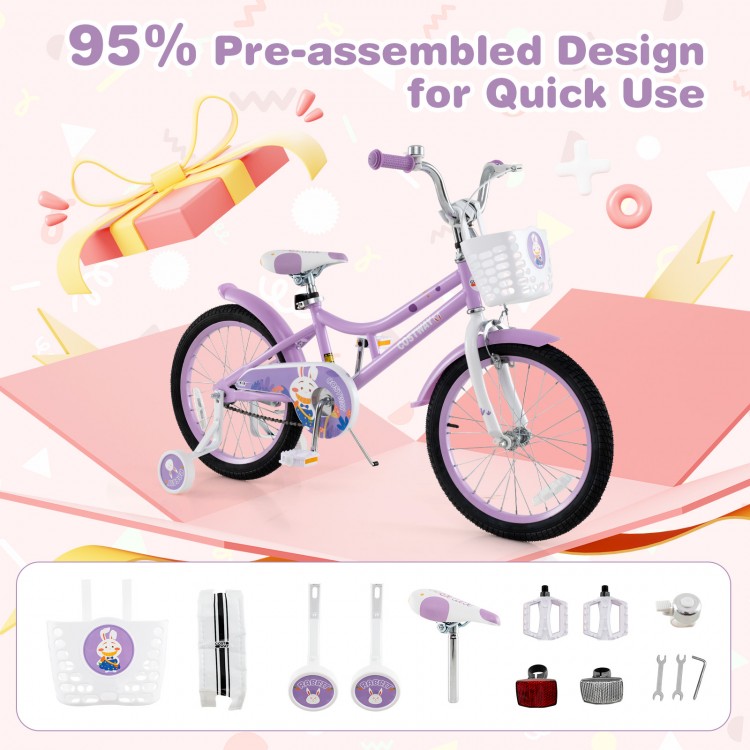 18 Inch Girl Bike with Basket with Detachable Training Wheels for 4-8 Years Old