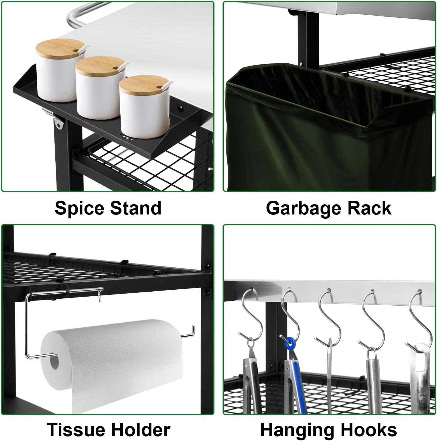 Stainless Steel Outdoor Grill Cart & Pizza Oven Stand with Wheels, Foldable Side Table, Spice Rack & Bottle Opener