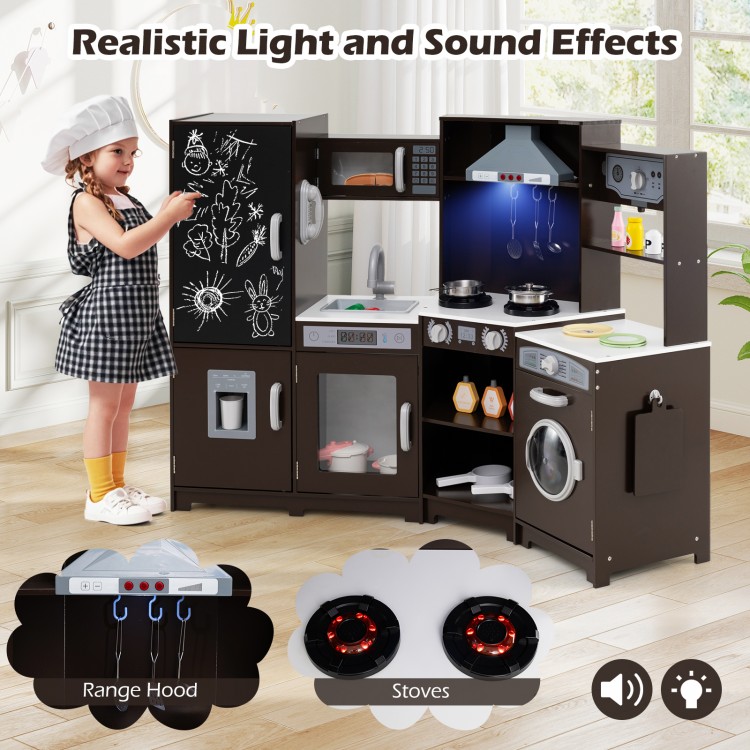 Corner Wooden Play Kitchen with Lights and Sounds Large Pretend Play Kitchen Set