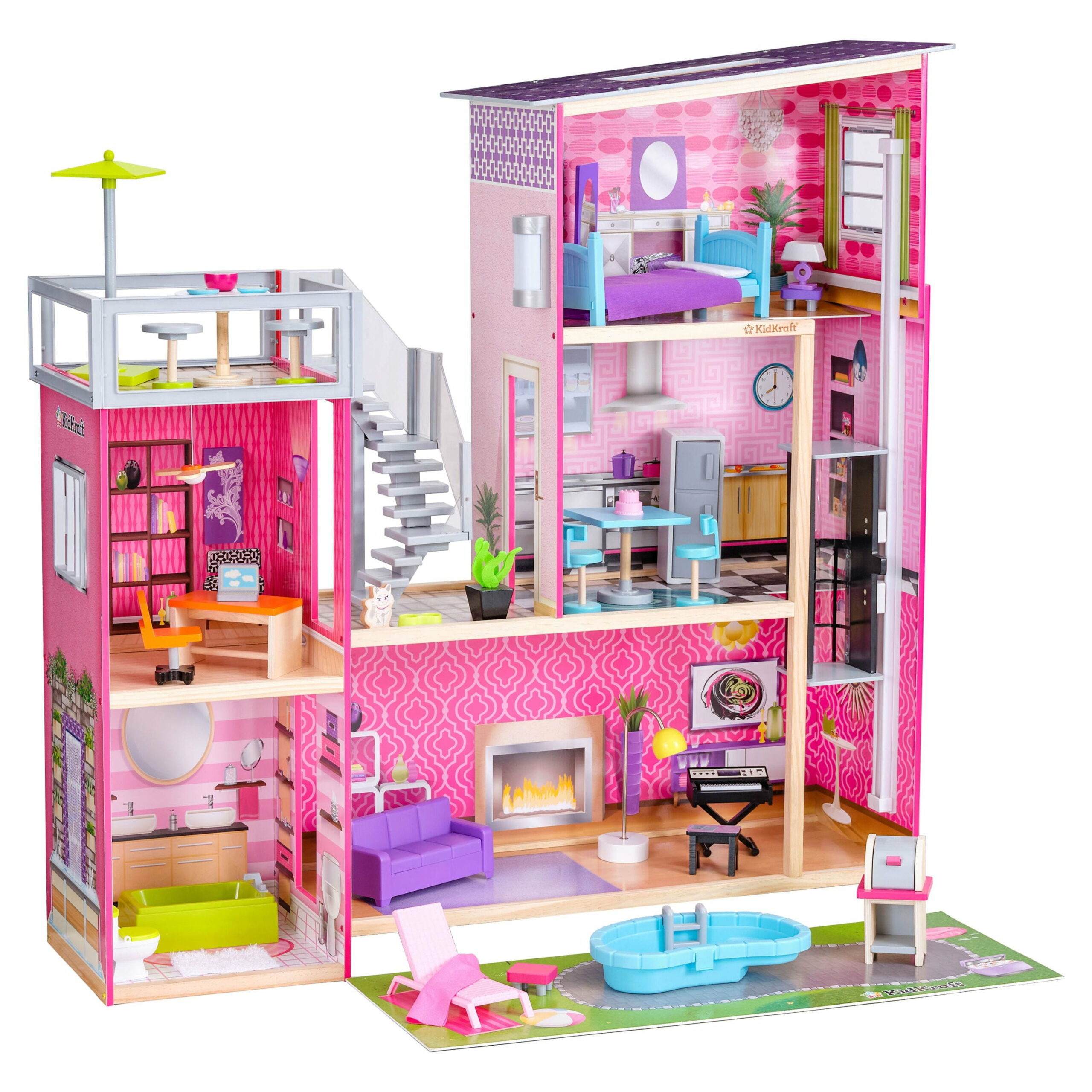KidKraft Uptown Wooden Dollhouse, 3 Levels, 36 Accessories, Ages 4+, Interactive Lights & Sounds