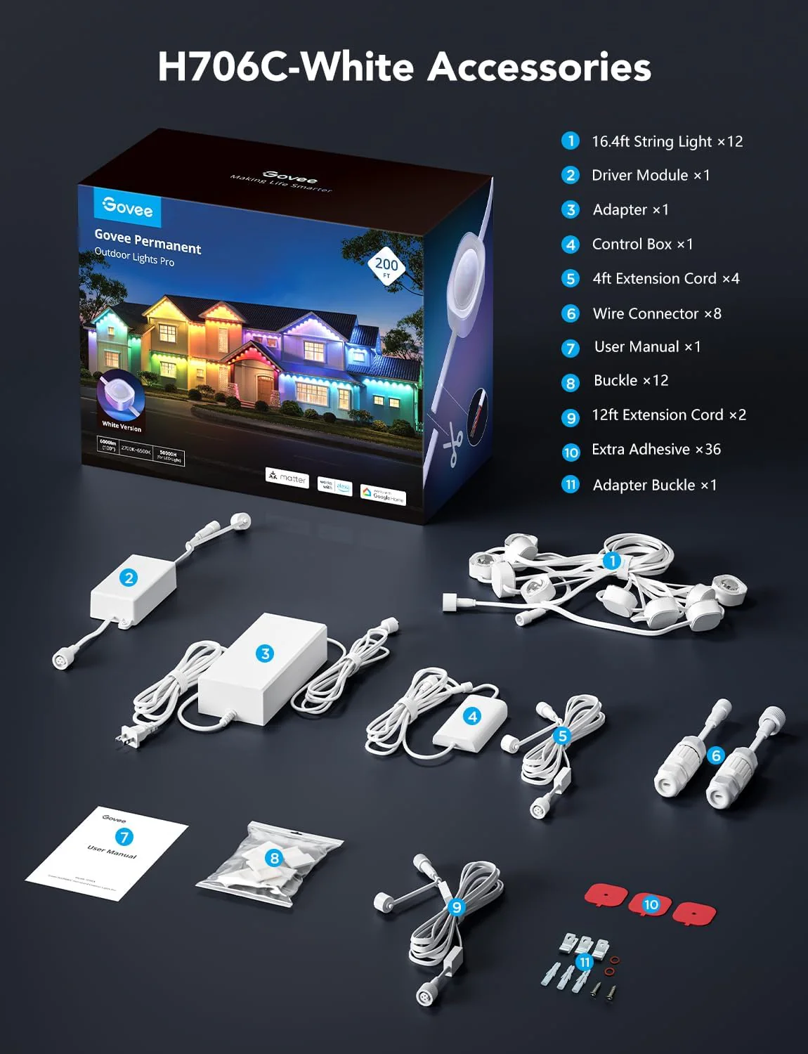 Govee Permanent Outdoor Lights Pro, 100ft with 60 RGBIC LED Lights for Daily and Accent Lighting, 75 Scene Modes for Halloween, IP67 Waterproof, Works with Alexa, Google Assistant, Matter, White