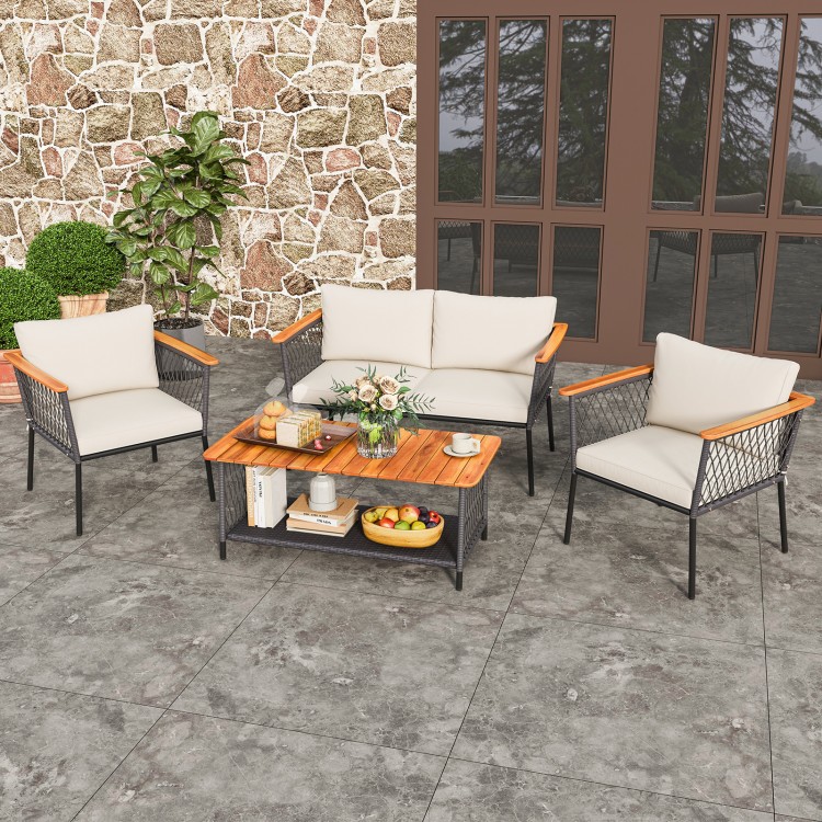 4 Piece Patio Rattan Furniture Set with 2-Tier Coffee Table