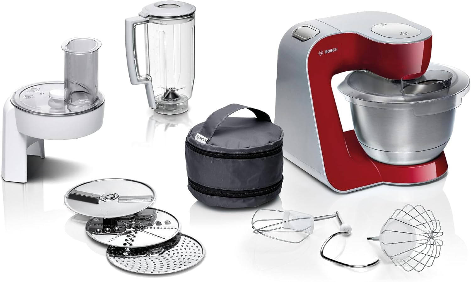 Bosch Foodprocessor serie 4 MUM58W20, skål i rustfrit stål 3,9 L blender 1,25 L, planetarisk røreværk, æltekrog, slag- og piskeris rustfrit stål, gennemgående udskæring, 3 skiver, 1000 W, hvid