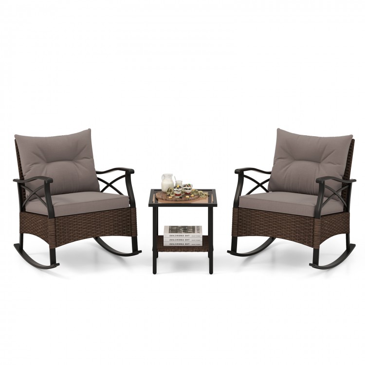 3 Pieces Outdoor Rattan Rocking Chairs Set with  2-Tier Side Table for Garden Backyard