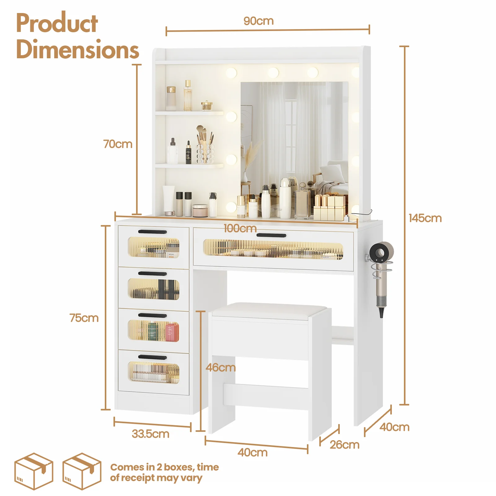 Dressing Table Stool Set with Glass Drawer