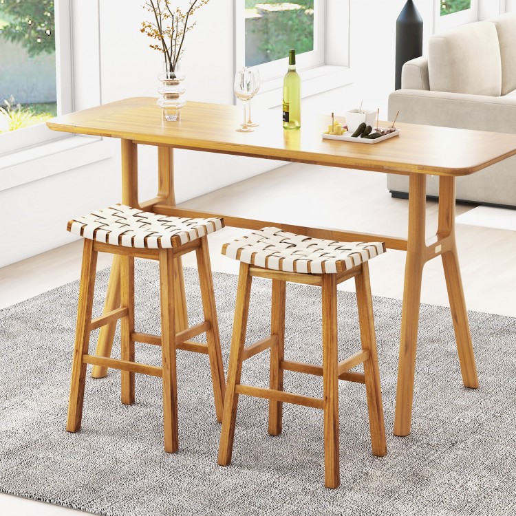 Faux PU Leather Bar Stools Set of 2 with Woven Curved Seat Natural