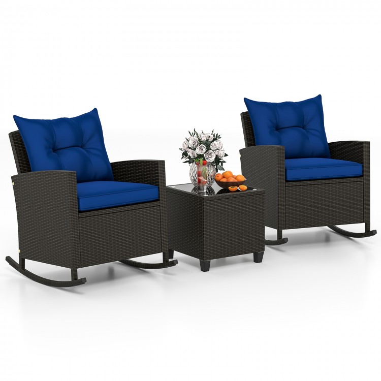 3-Piece Patio Rattan Roker Chairs with Tempered Glass Table and Soft Cushions
