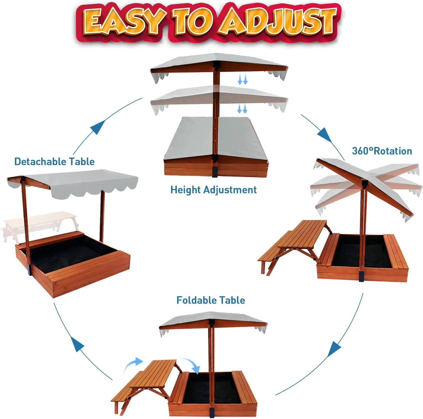 Wooden Kids Sandbox with Lid Outdoor Sand Box with Picnic Table Foldable, Sandpit with Cover Ages 4-8, Adjustable Canopy Bottom Liner for Backyard Garden