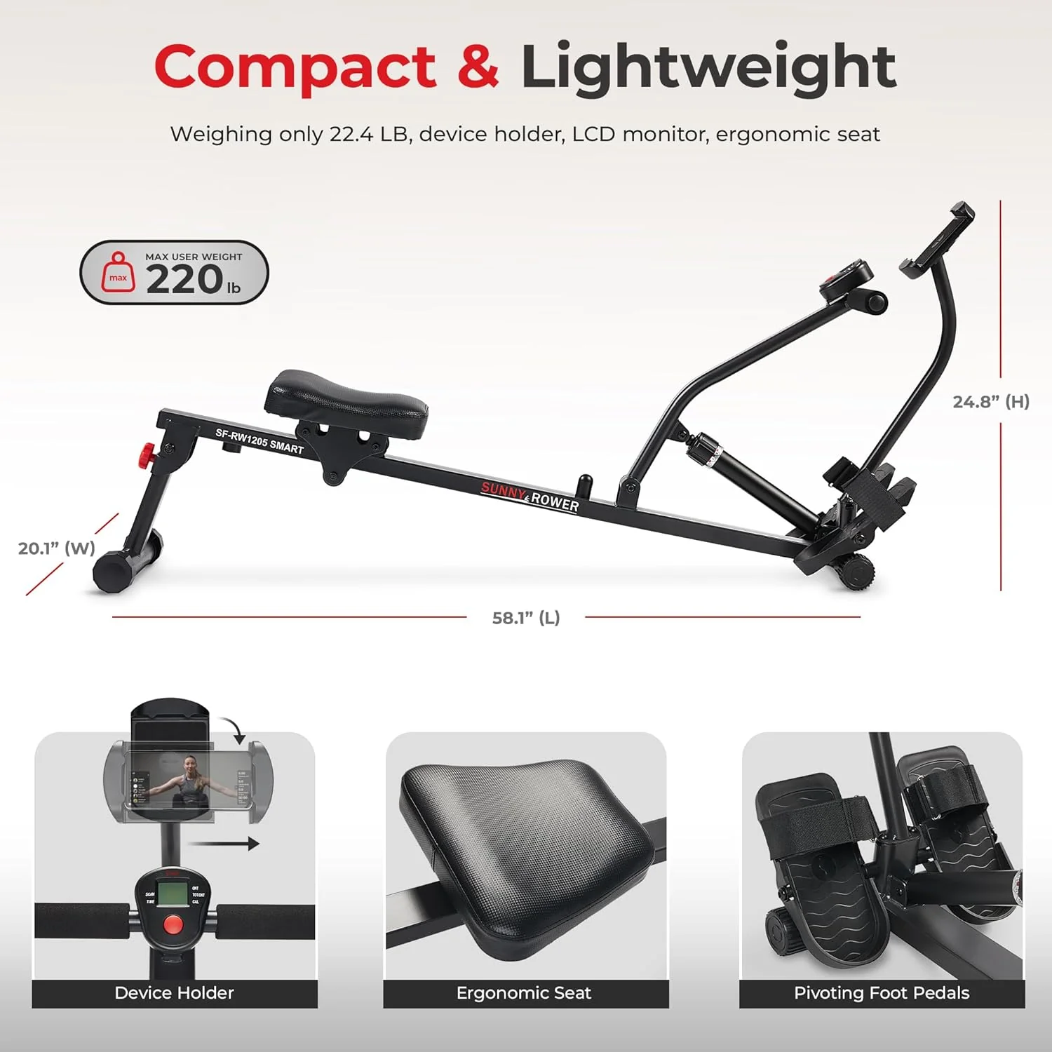 Sunny Health & Fitness Compact Adjustable Rowing Machine with 12 Levels of Resistance for Complete Body Workouts and Optional Free SunnyFit App Enhanced Connectivity