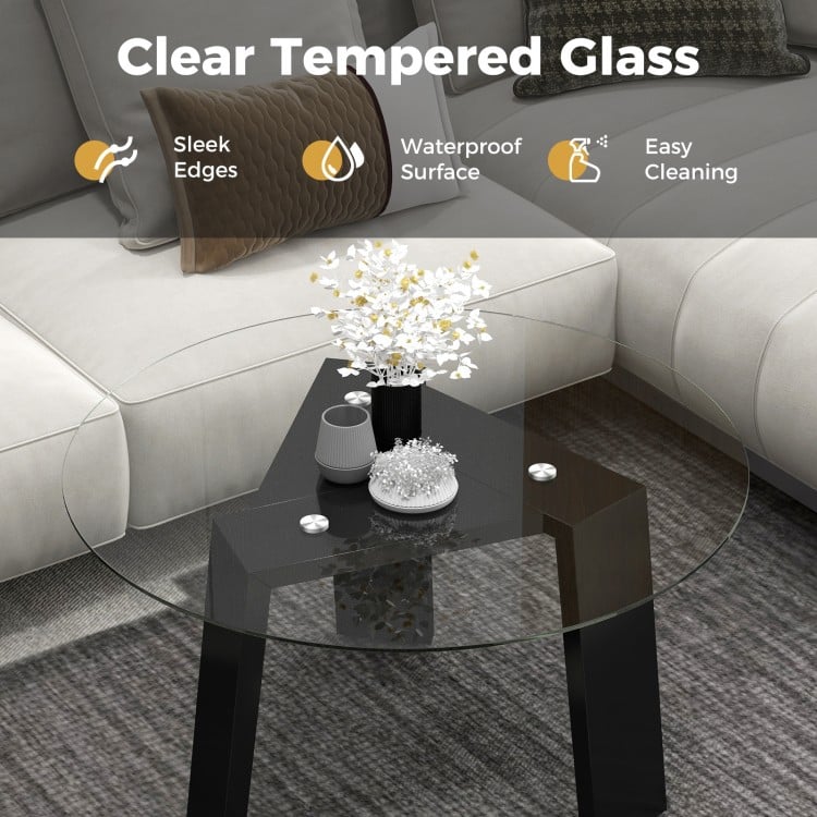 29.5 Inch Round Glass Coffee Table with Solid Rubber Wood Legs for Living Room Home Office Small Space