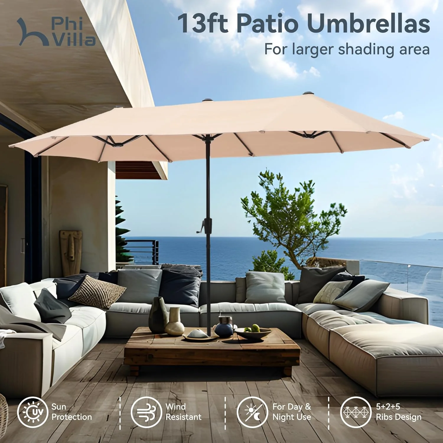 PHI VILLA 6-Piece Outdoor Dining Sets, All-Weather Patio Table and Chairs Set with Umbrella for 4, Heavy Duty Patio Round Table Set for Deck, 4 Extra Large Outdoor Swivel Chairs with Thick Cushions