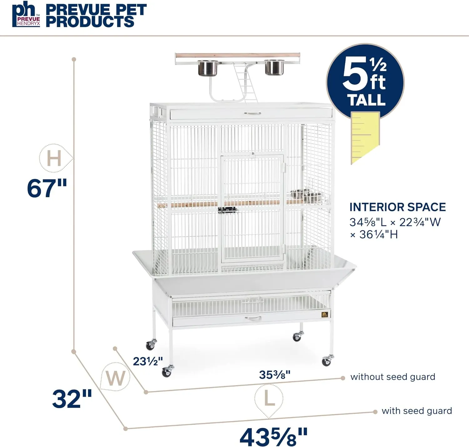 Prevue Pet Products Wrought Iron Bird Cage, Chalk White, 36′′x24′′x66′′, Includes Perches & Cups