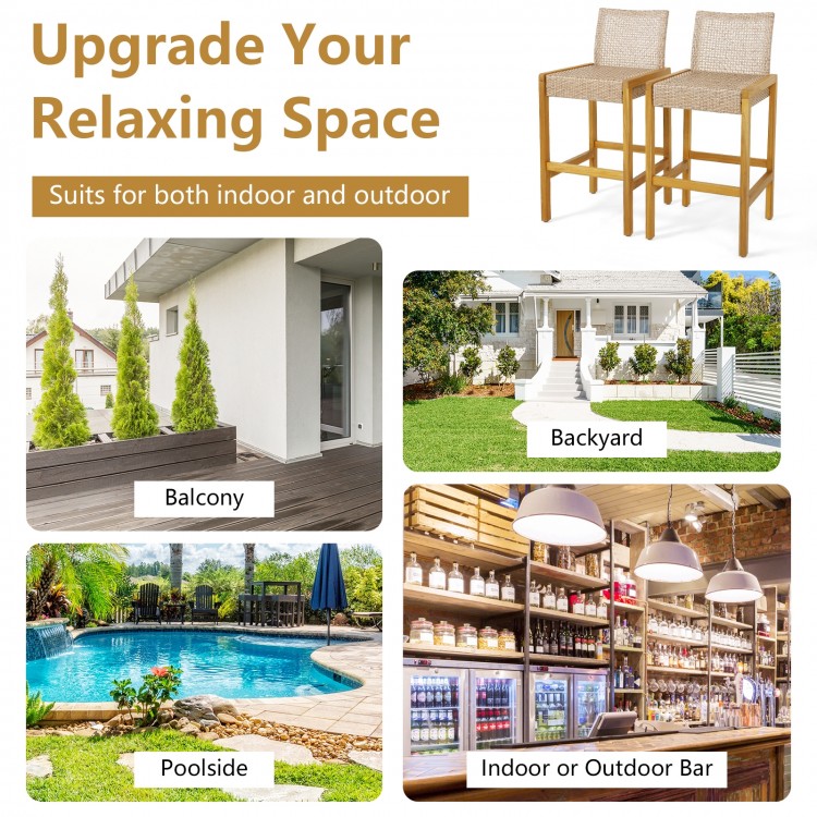 Set of 2 Rattan Patio Wood Barstools Dining Chairs with Backrest