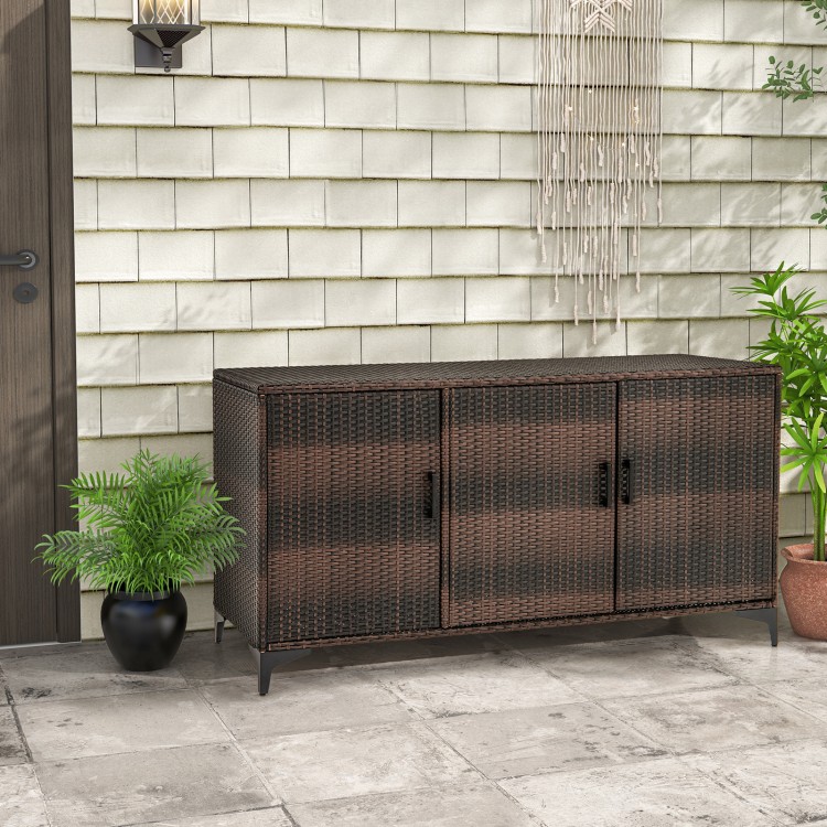 84 Gallon Patio Wicker Deck Box 3-Door PE Rattan Storage Container with Removable Shelves