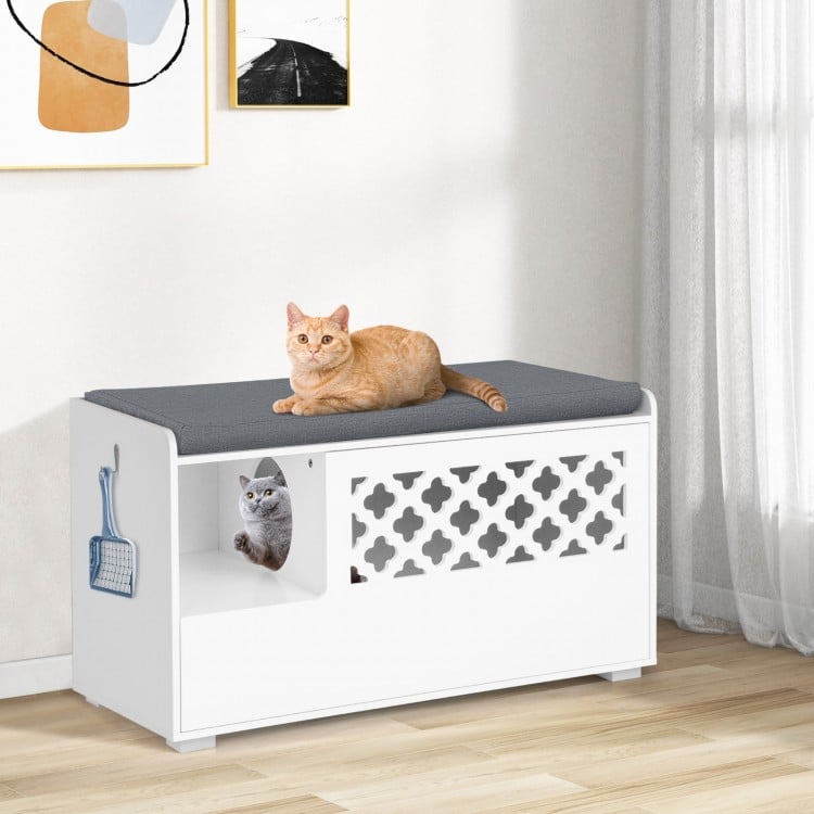Cat Litter Box Enclosure with Removable Cushion and Front Open Door