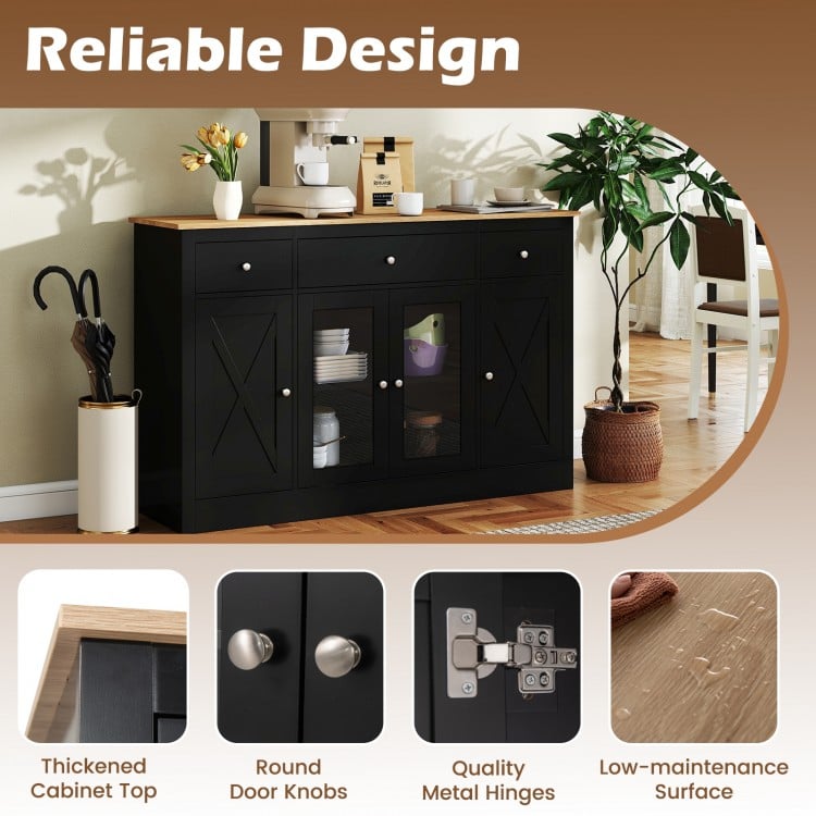 55 inch Large Buffet Sideboard Kitchen Storage Cabinet with 3 Drawers 2 See-through Doors Adjustable Shelves Wine Bar Table