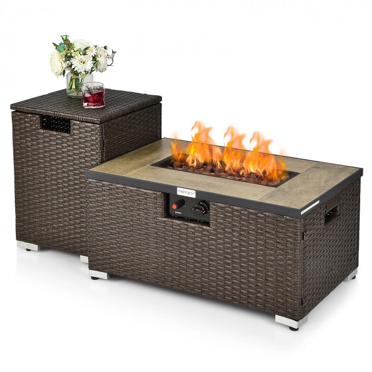 32 Inch x 20 Inch Propane Rattan Fire Pit Table Set with Side Table Tank and Cover