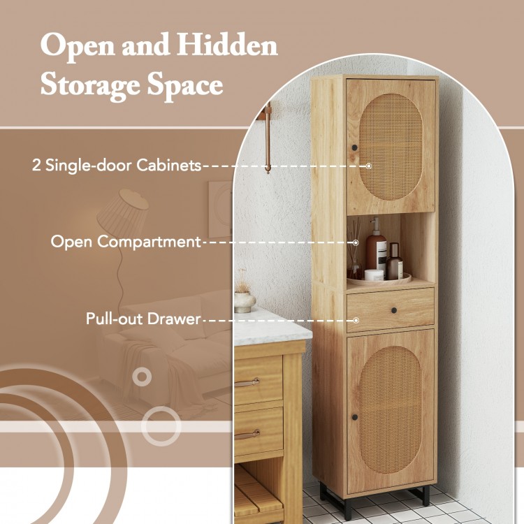 67 Inch Tall Bathroom Cabinet PE Rattan Floor Cabinet with 2 Doors