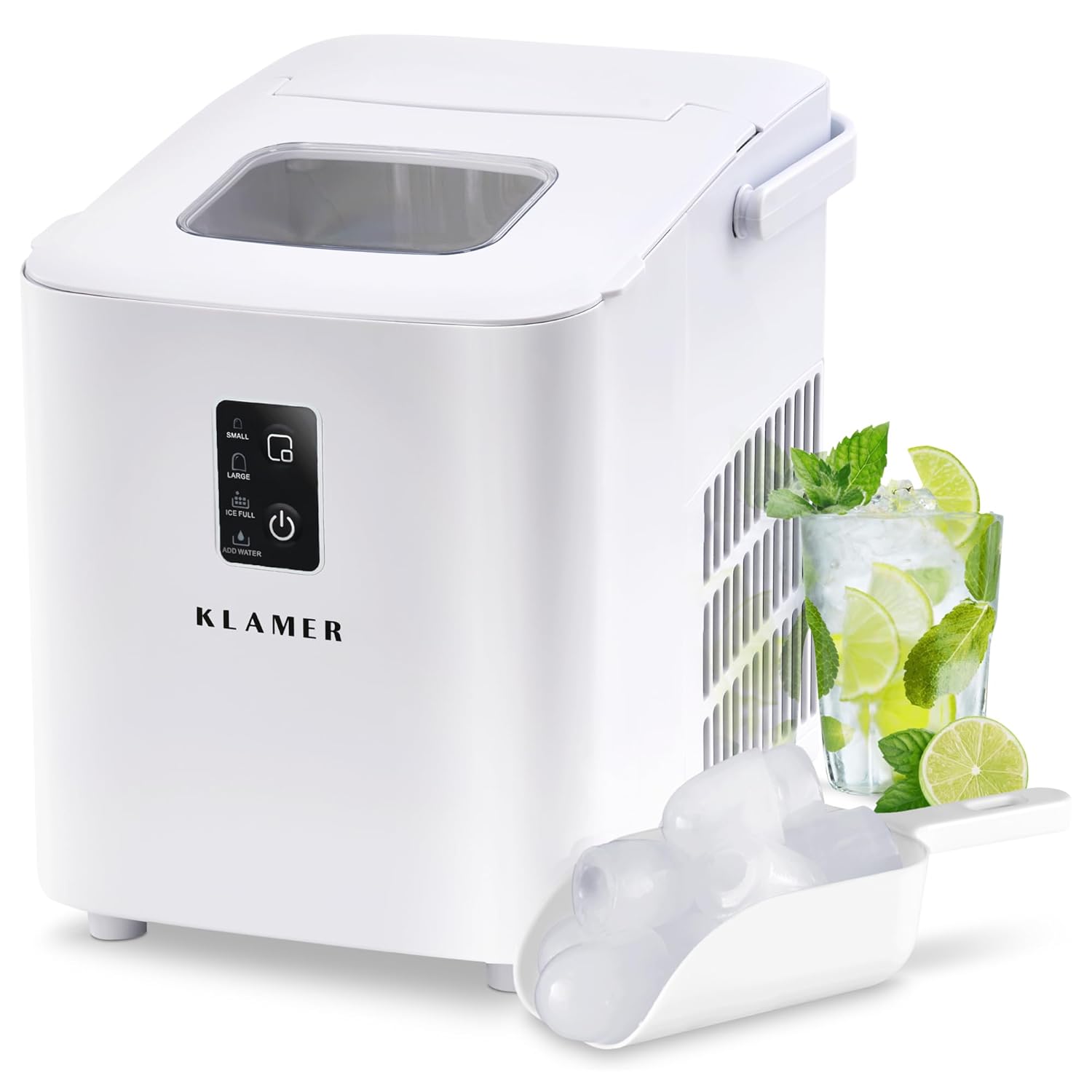 KLAMER Isterningemaskine lille med isskovl og 2 isterningestørrelser - 10 isterninger på kun 7 min, 15 kg isterninger om dagen - stille ismaskine med timer (sort)