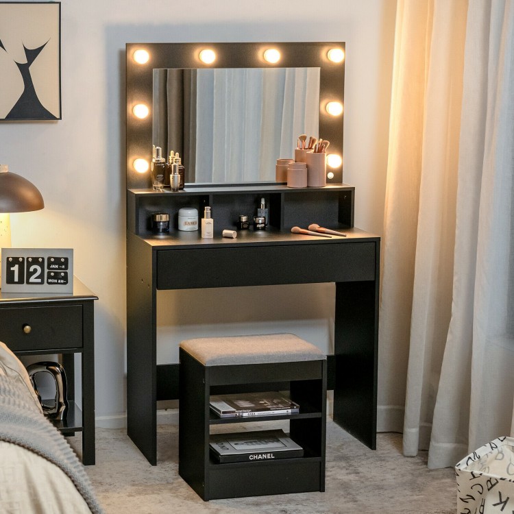 Vanity Table Set with Cushioned Stool and Lighted Mirror