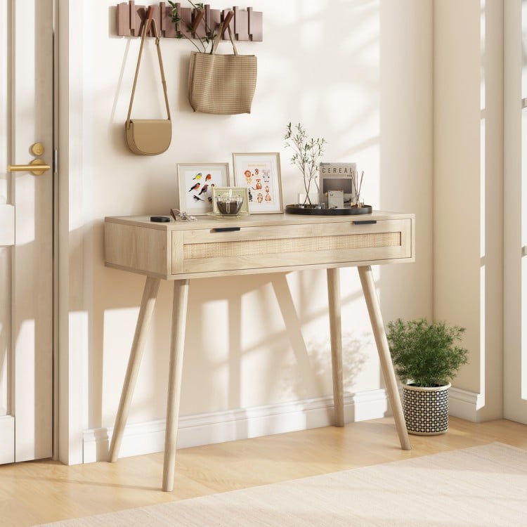 Rattan Console Table with Pull-out Drawer Boho Style Entryway Table