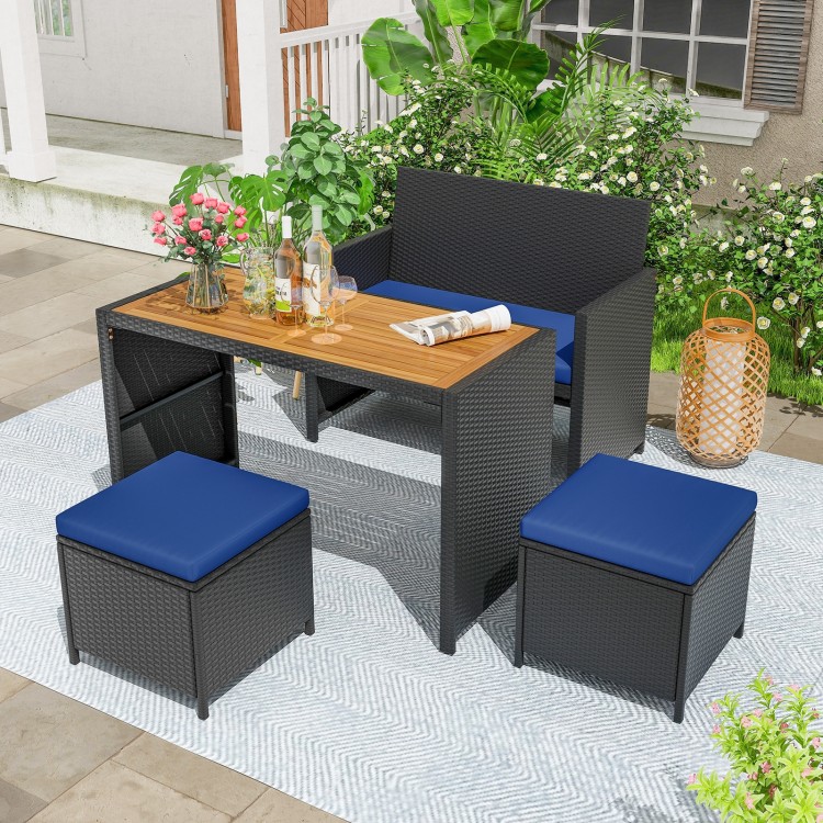 4 Piece Outdoor Dining Set with Wood Topped Dining Table, Rattan Loveseat Chair and 2 Ottomans