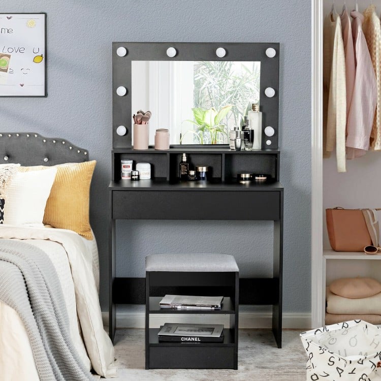 Vanity Table Set with Cushioned Stool and Lighted Mirror