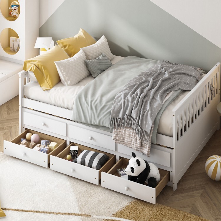 Full Size Wood Daybed Frame with Trundle Bed and 3 Storage Drawers