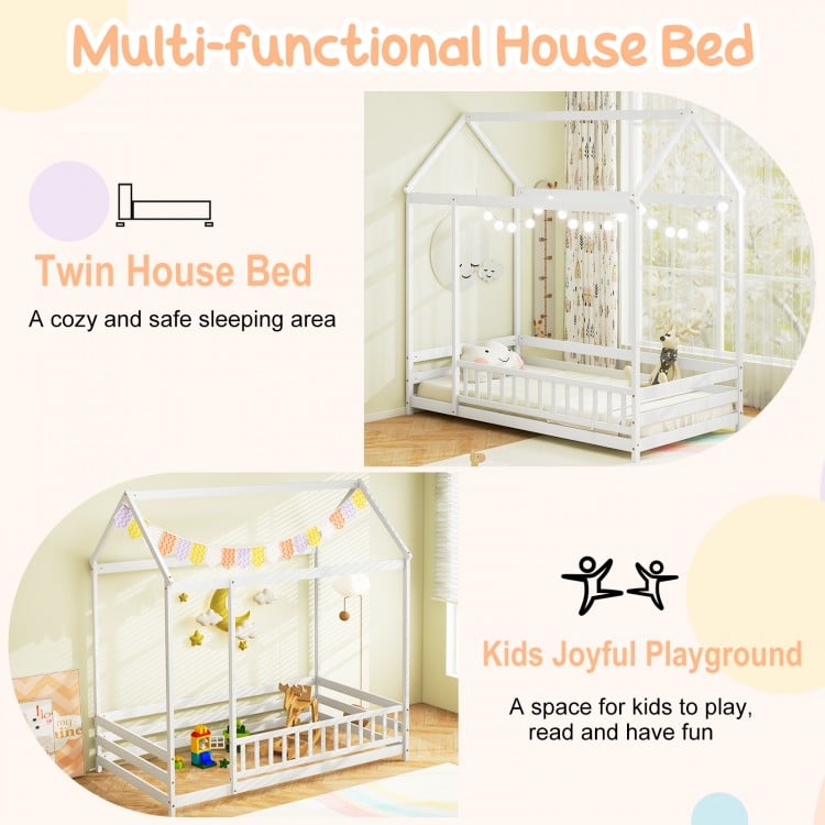 Twin Size Kids House Bed Wooden Floor Bed with Roof and Full-length Safety Guardrail