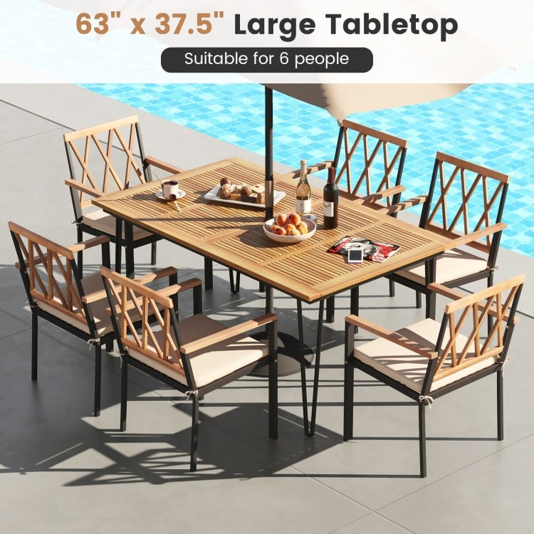63/86.5 Inch Rectangular Outdoor Dining Table with Acacia Wood Tabletop and Umbrella Hole