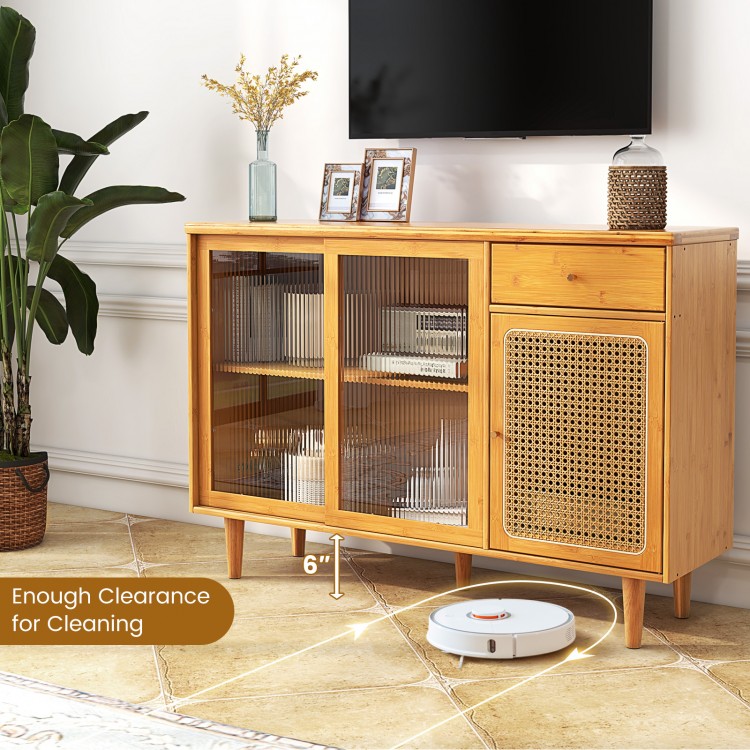 Modern Bamboo Buffet Sideboard Cabinet with Tempered Glass Sliding Doors