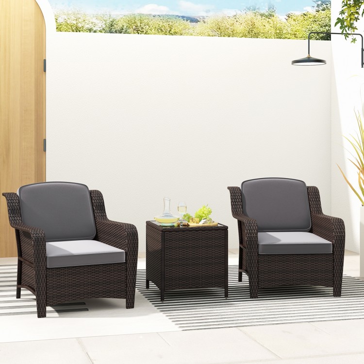 3 Pieces Outdoor Rattan Furniture Set with Cushions and Tempered Glass Coffee Table