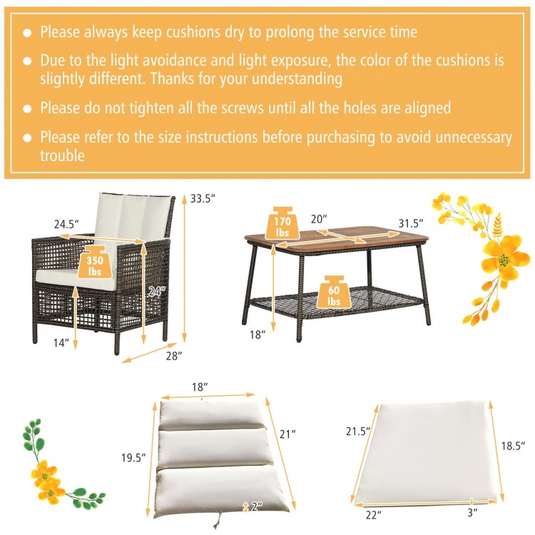 5 Pieces Patio Rattan Furniture Set Cushioned Sofa Armrest Wooden Tabletop