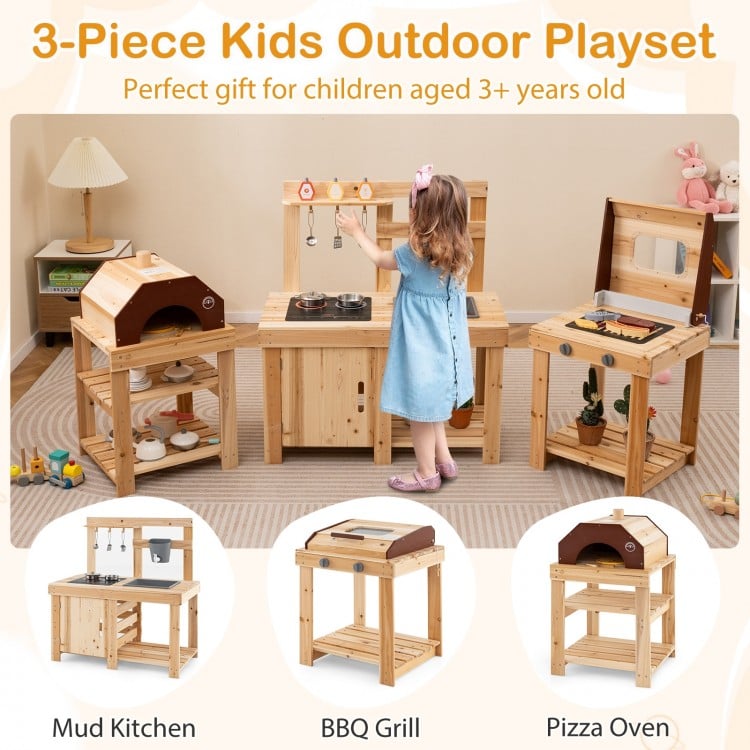 3-Piece Outdoor Kitchen Set Mud Kitchen with Separate BBQ Grill and Pizza Oven