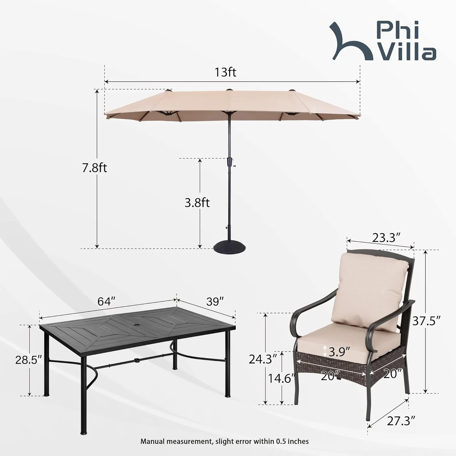 PHI VILLA 6-Piece Outdoor Dining Sets, All-Weather Patio Table and Chairs Set with Umbrella for 4, Heavy Duty Patio Round Table Set for Deck, 4 Extra Large Outdoor Swivel Chairs with Thick Cushions