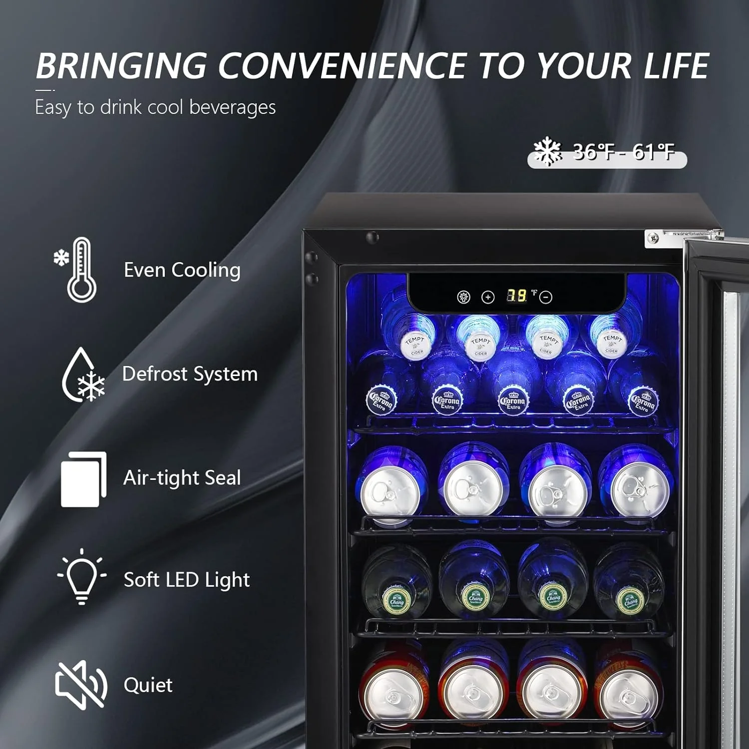 Antarctic Star 2.9 Cu.Ft Beverage Refrigerator, 115-Can Capacity, Low Noise, Glass Door, Stainless Steel, LED Light, Safety Lock, 15-Inch Width