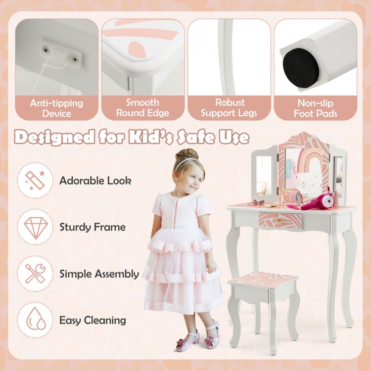 2-in-1 Kids Vanity Table Set with Tri-Folding Mirror
