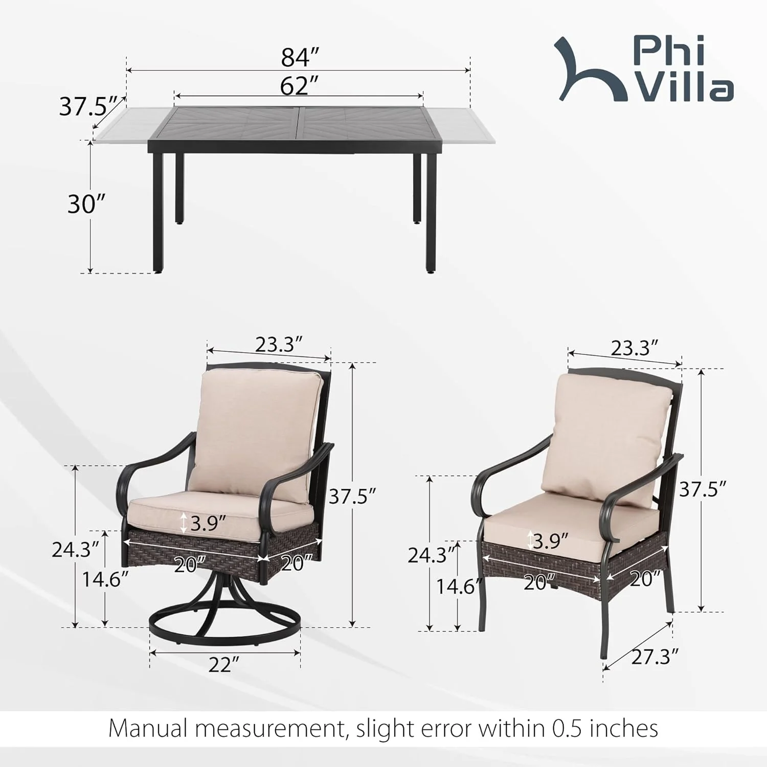 PHI VILLA 6-Piece Outdoor Dining Sets, All-Weather Patio Table and Chairs Set with Umbrella for 4, Heavy Duty Patio Round Table Set for Deck, 4 Extra Large Outdoor Swivel Chairs with Thick Cushions