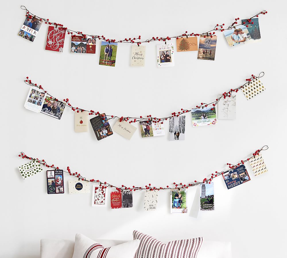 Berry Garland Christmas Card Holder – Hand-Assembled with Clips, 72′′ Long, Festive Decor