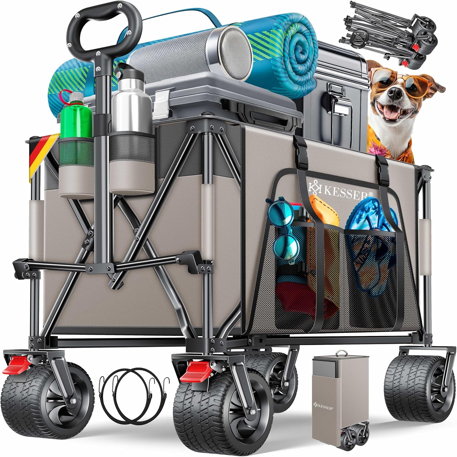 KESSER® Bollerwagen GTR9000 håndvogn 200 kg | 300L opbevaringsplads transportbil foldbar bredde 360° lufthjul og parkeringsbremser vejrbestandig strandvogn inkl dæksel, sidelomme og kopholder