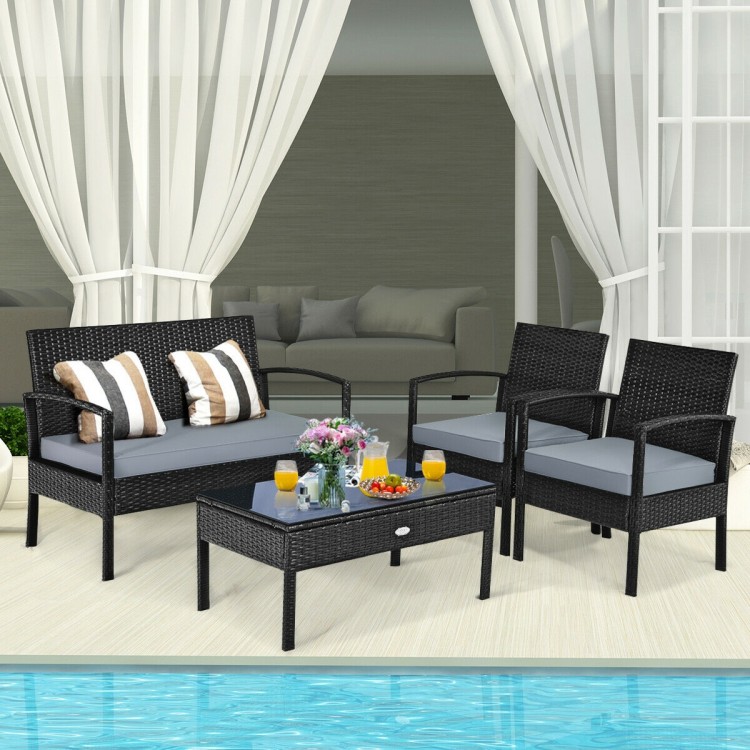 4 Pieces Patio Rattan Cushioned Furniture Set with Lounger and Table