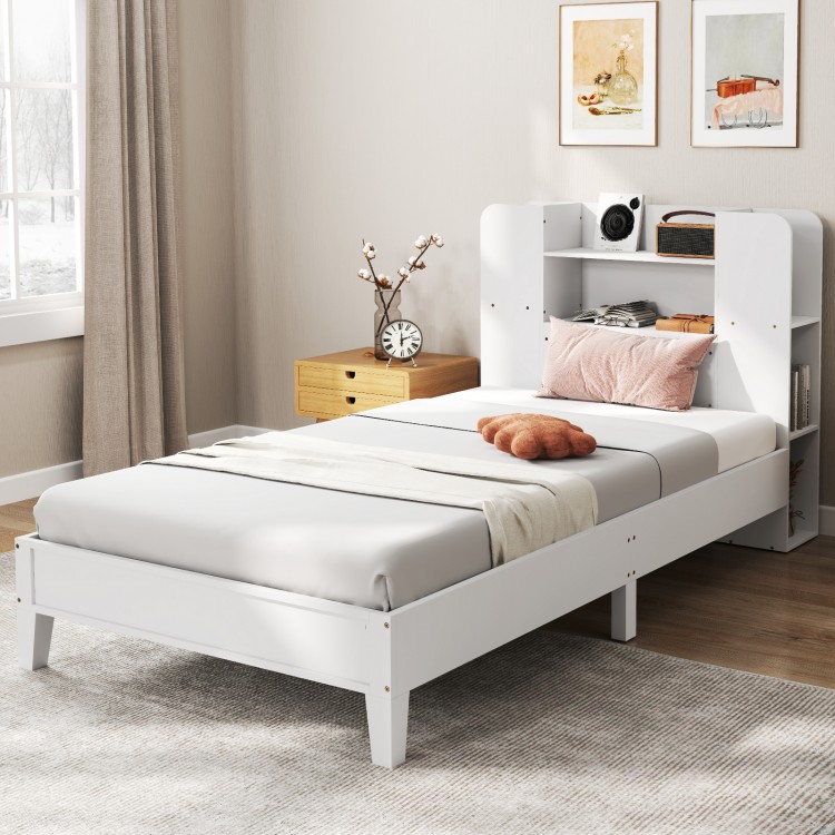 Twin Size Wooden Platform Bed Frame with Bookcase Headboard