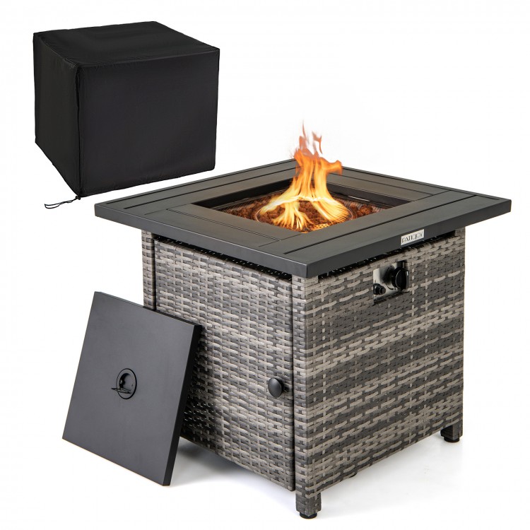 29 Inch Propane Rattan Firepit Table with Lava Rocks and Protective Cover