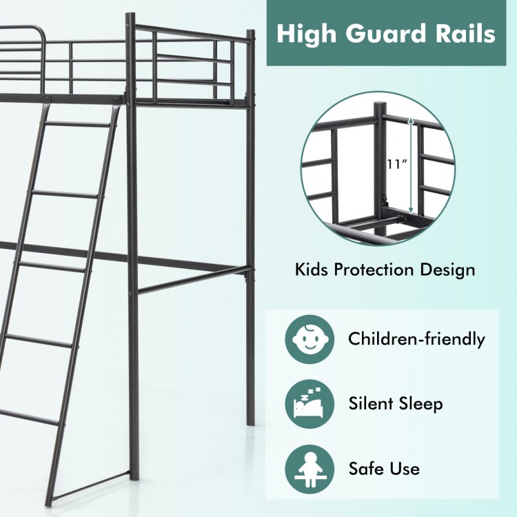 Twin Metal Loft Bed with Ladderand High Guard Rails