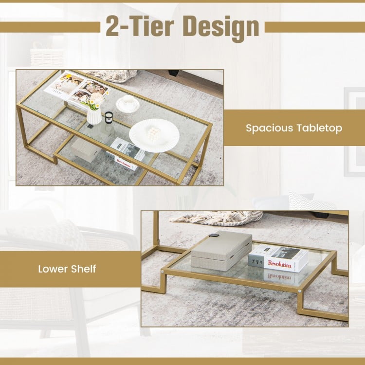 Modern 2-Tier Rectangular Coffee Table with Glass Table Top