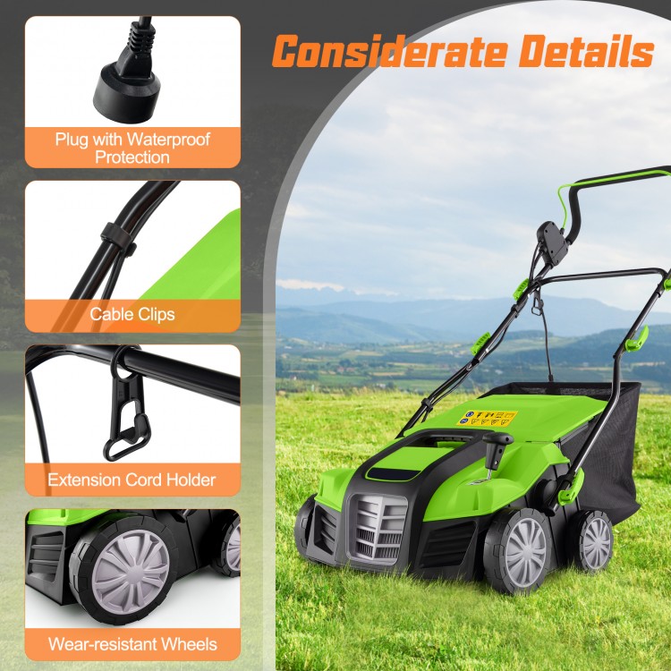 16-Inch Electric Lawn Dethatcher and Scarifier with Collection Bag