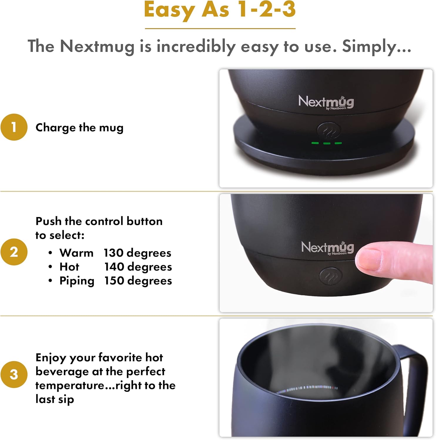 Nextmug Temperature-Controlled Self-Heating Coffee Mug, Black, 14 oz, Ceramic Finish, Smart Tech