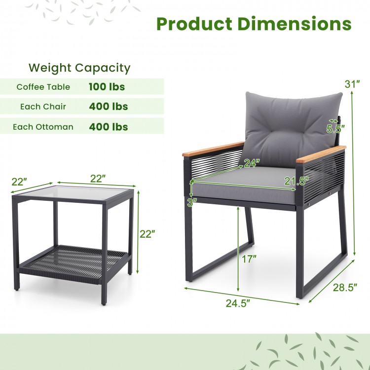 3 Pieces Patio Furniture Set with 2 Tier Coffee Table and Soft Seat Cushions